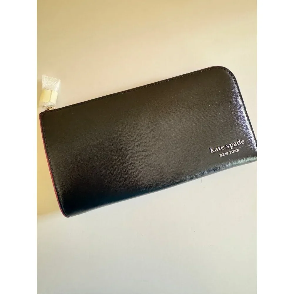 KATE SPADE NY Devin glitter edge leather women's zip around large wallet - Black